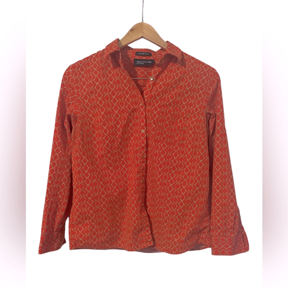 Jones New York Signature Patterned Persimmon Orange Button Down Shirt Stretch